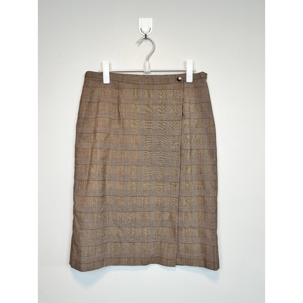 Calvin Klein Brown Glen Plaid Wrap Front Pencil Skirt Size 8 Rayon Blend Lined